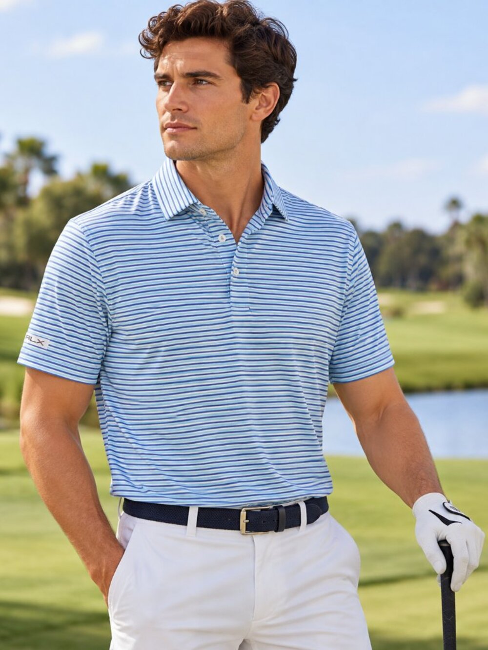 RLX Ralph Lauren Men’s Blue Striped Performance Golf Polo Shirt XL NWT